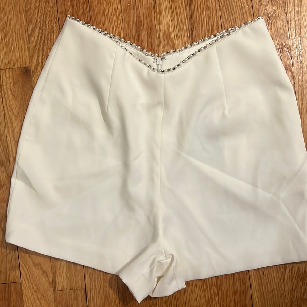 White bridal shorts with rhinestone/pearl detail